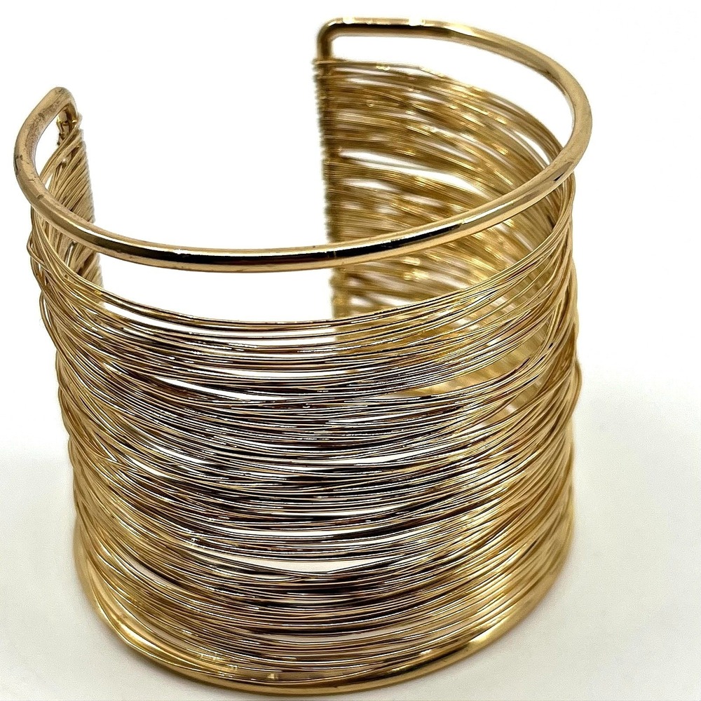 Vintage Y2K Gold Tone Wire Multi Strand Statement Cuff Bracelet Boho Avant Garde